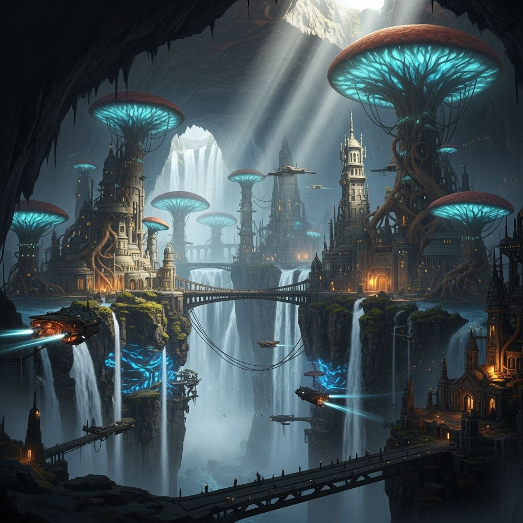Subterranean Karianian City With Bioluminescent Fungi and Te...