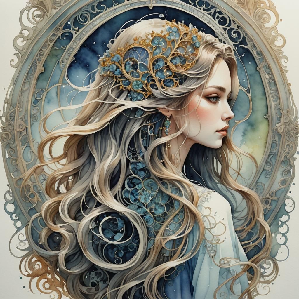 Watercolor Portrait with Filigree and Mandelbulb Details