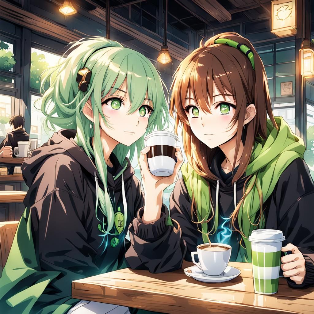 Anime Girls Enjoying Coffee in Biophilic Cafe