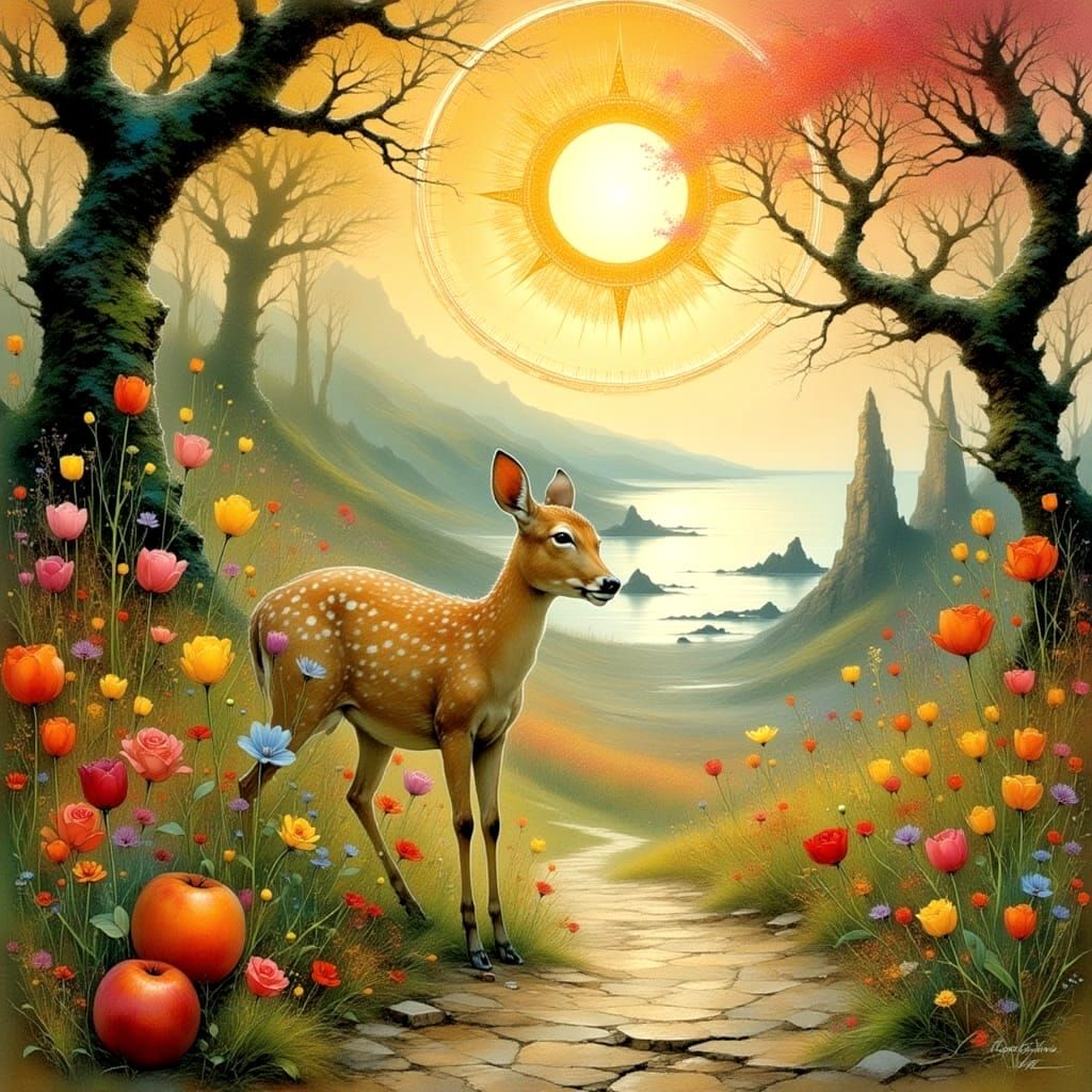 Surreal Painting of a Baby Fawn in an Enchanted Apple Orchar...