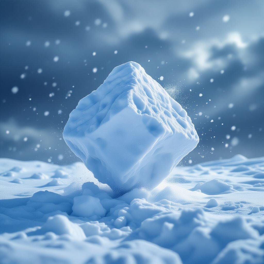 Photorealistic Diamond Snow Block Falls From Stormy Sky