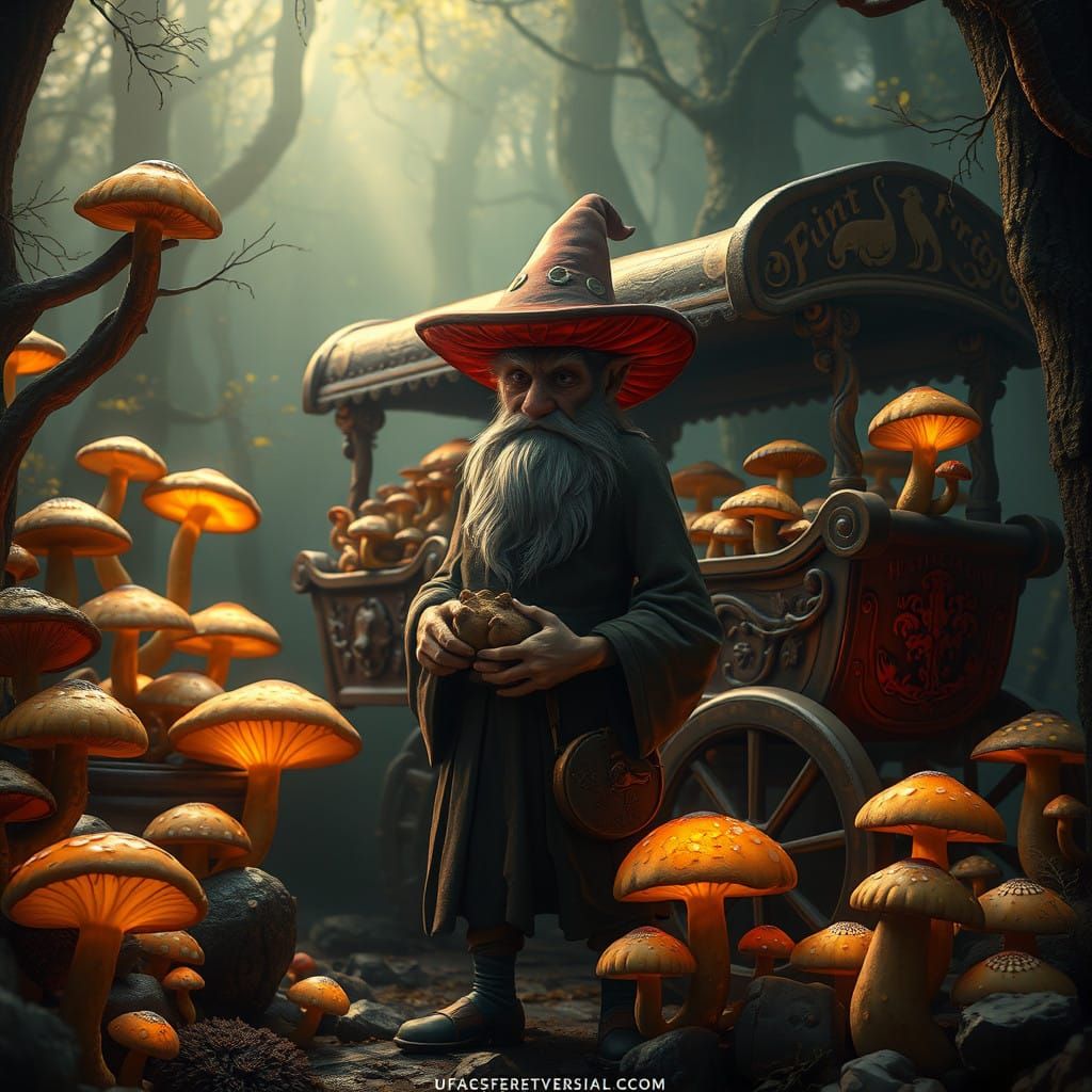 Mystical Forest Mushroom Merchant in a Warm, Inviting Atmosp...