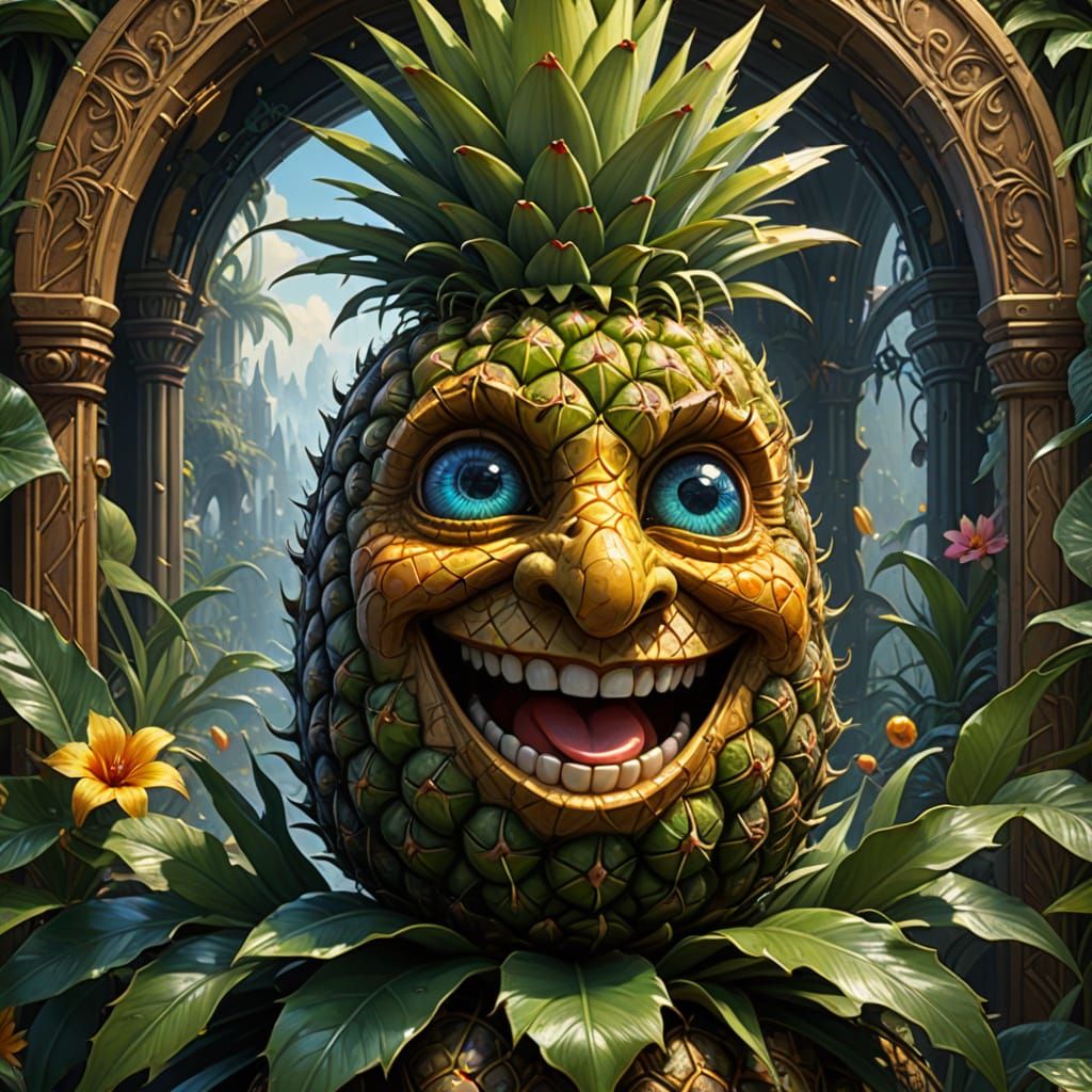 Vibrant Pineapple Portrait in Art Nouveau Style