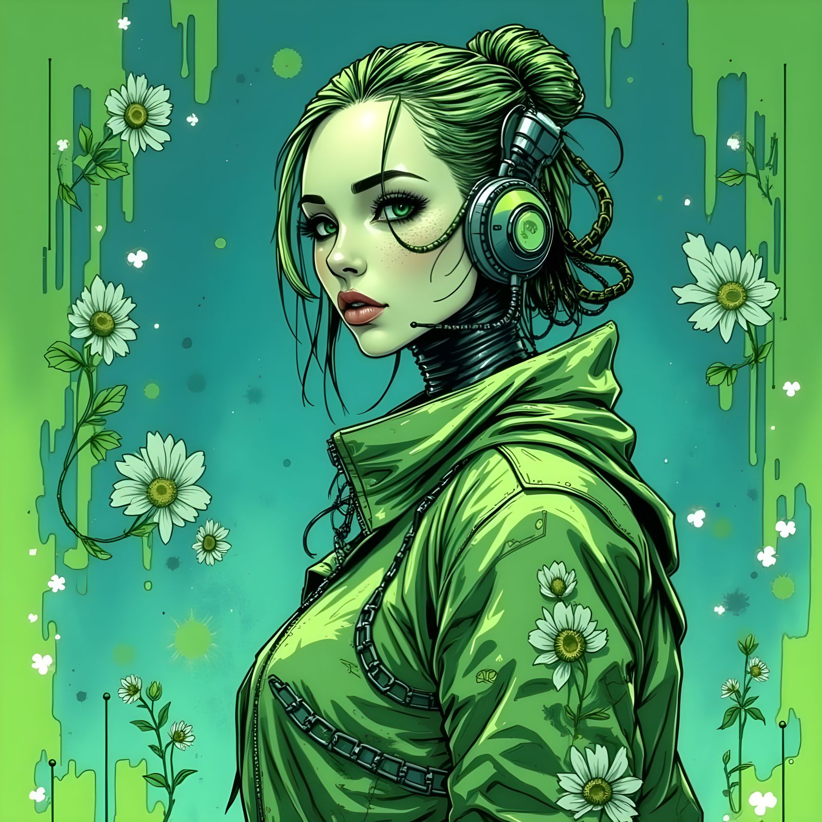 Cybernetic Woman in Floral Jacket