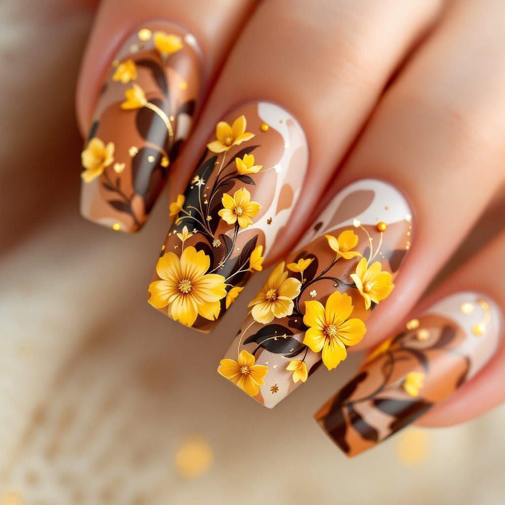 Abstract Camouflage Nail Art with Floral Elements