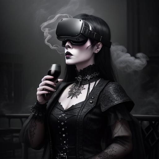 Goth Model in VR with Wine, Grainy B&W Photo