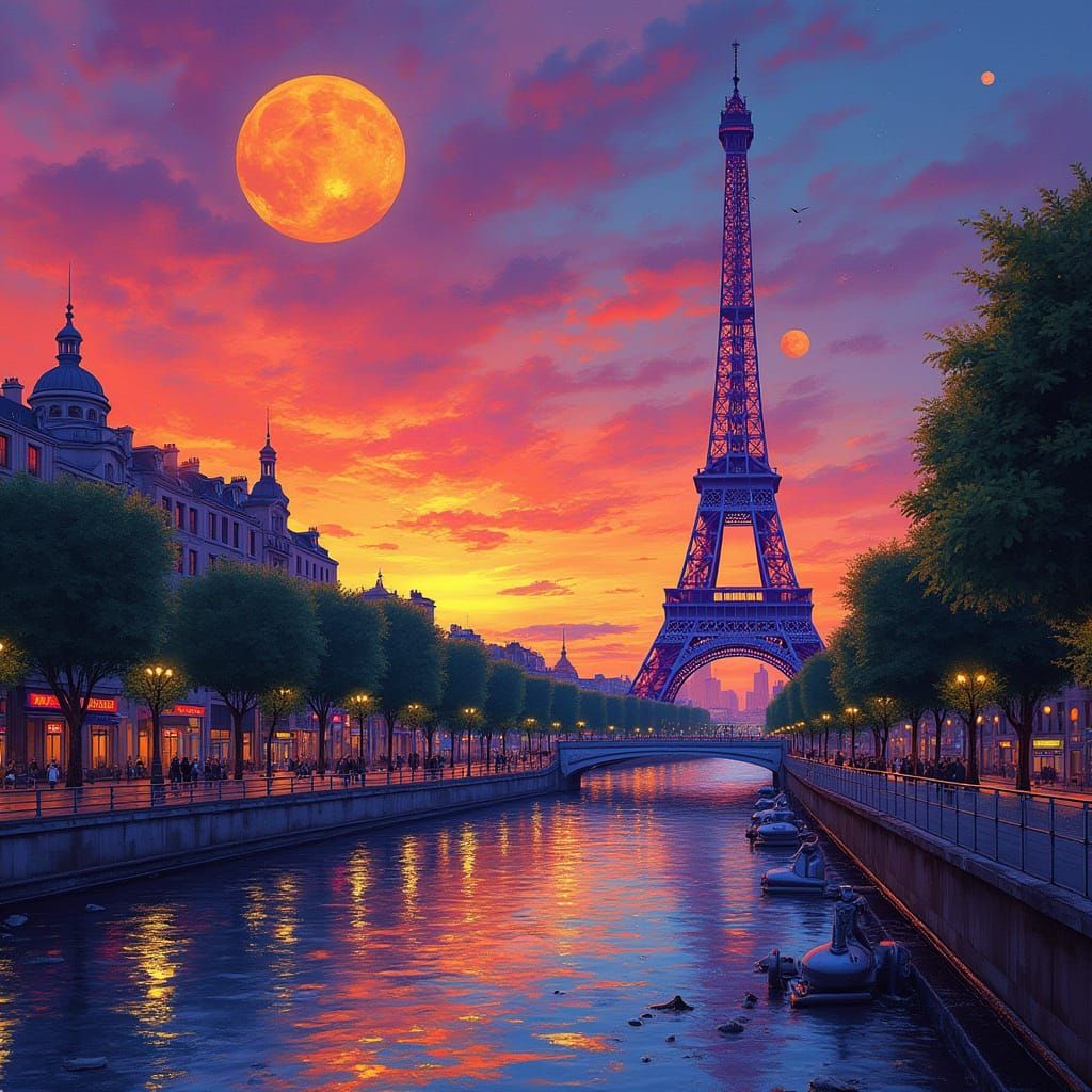 Paris at Surreal Dawn in Psychedelic Moebius Style