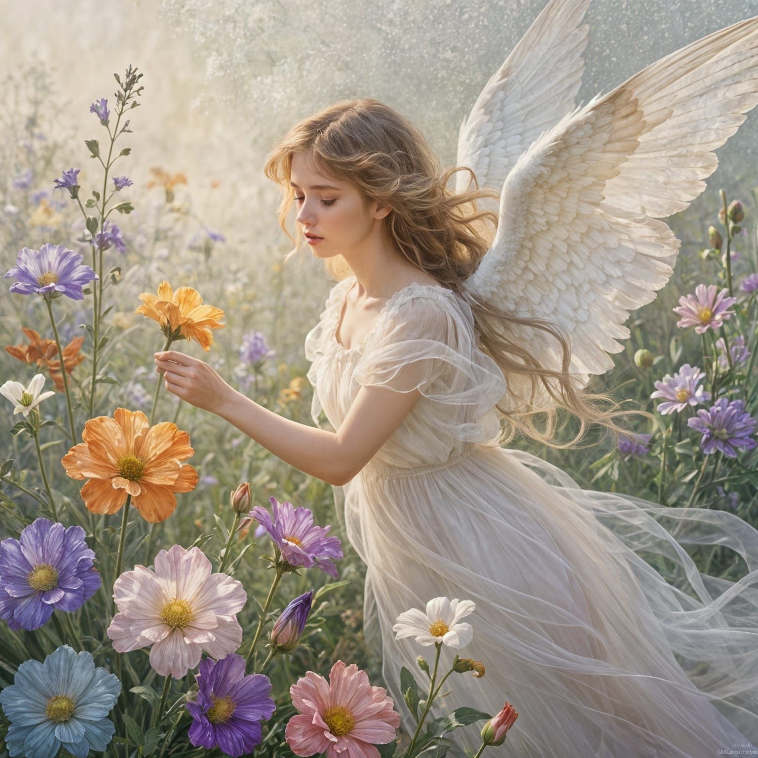 Ethereal Angel Surrounded by Flowers in Fantasy Style