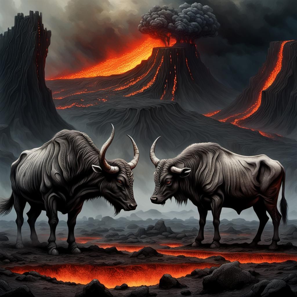 Volcanic Face-Off: Bull and Wolf in Surreal Landscape
