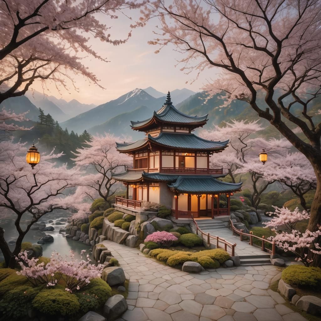Mystical Teahouse in Misty Mountains: Ethereal Oil Painting