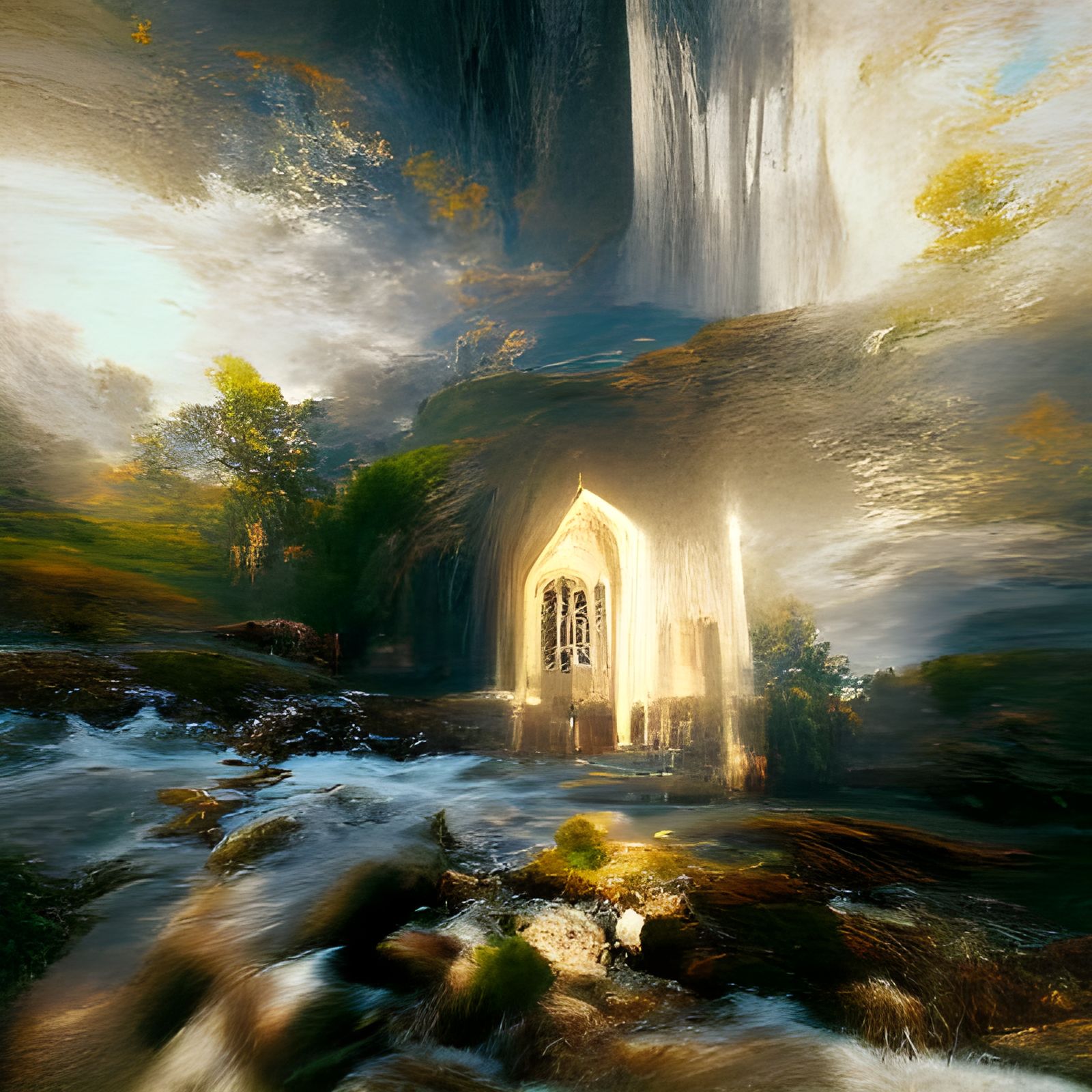 Elven Church in Fantasy Forest: Turner-Inspired Landscape