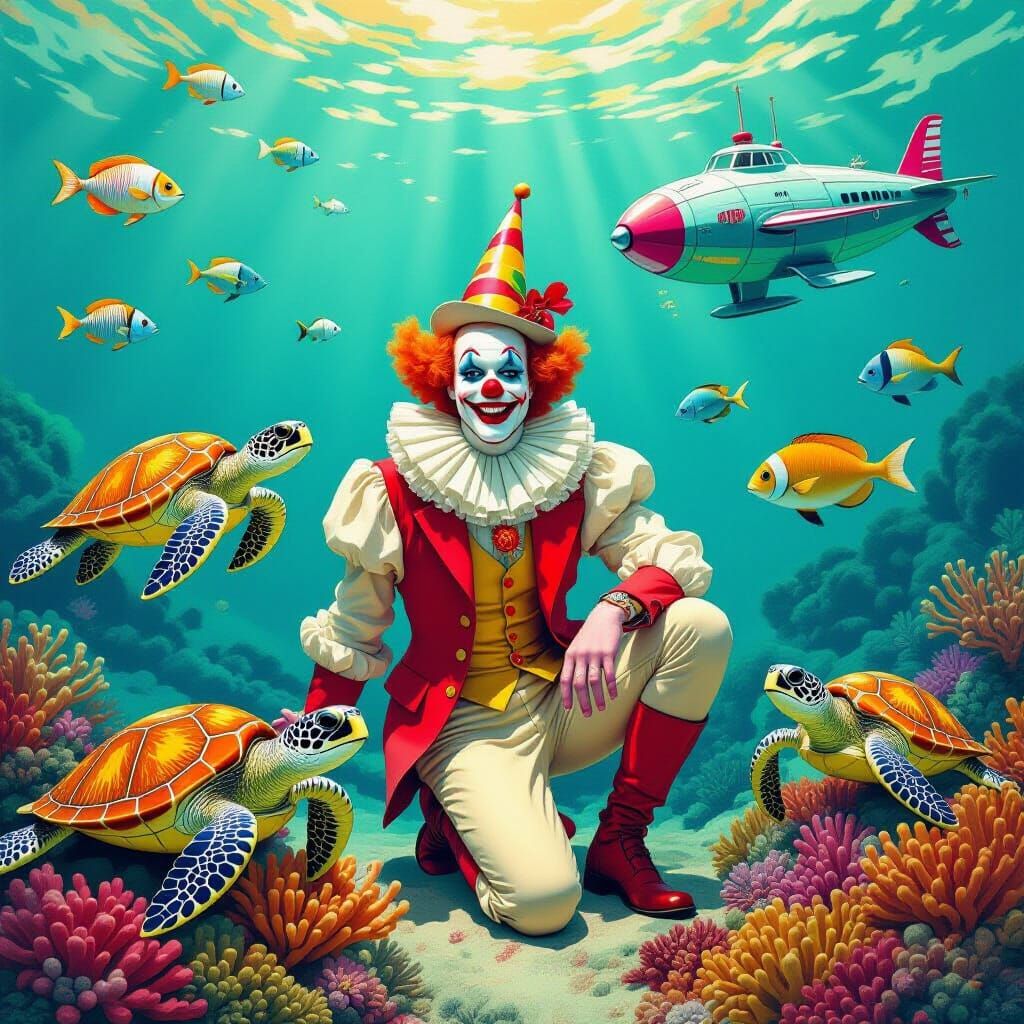 Clown Over Coral Reef in Pin-Up Art Style