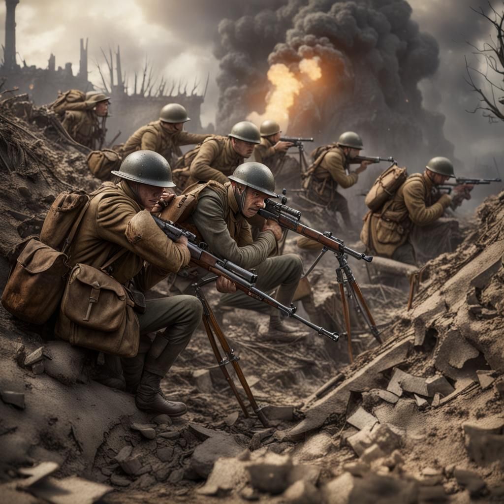 US WW1 Soldiers in Trenches of War-Torn St. Louis