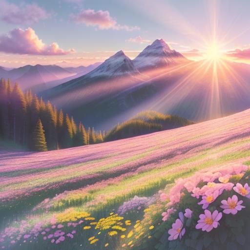 Floral Mountain Sunrise in Pastel Colors