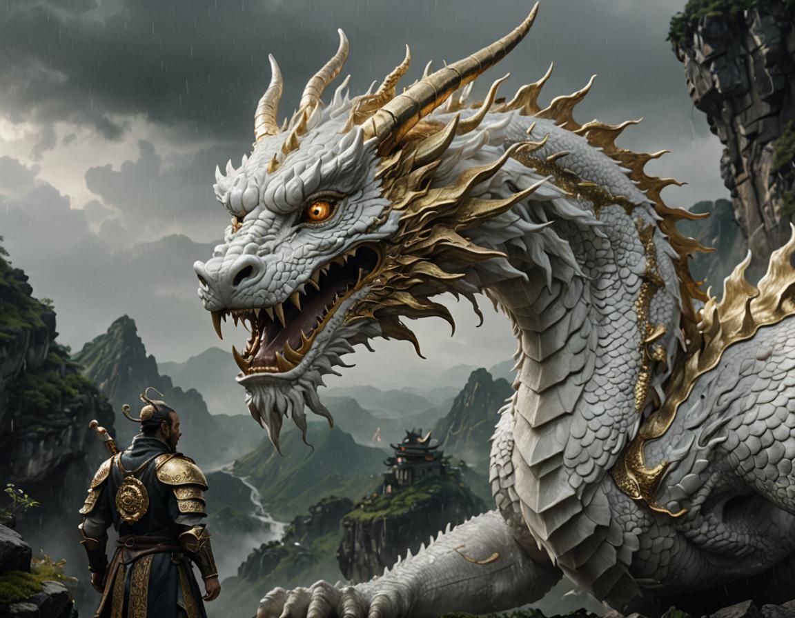 White and Gold Dragon Glaring at Knight