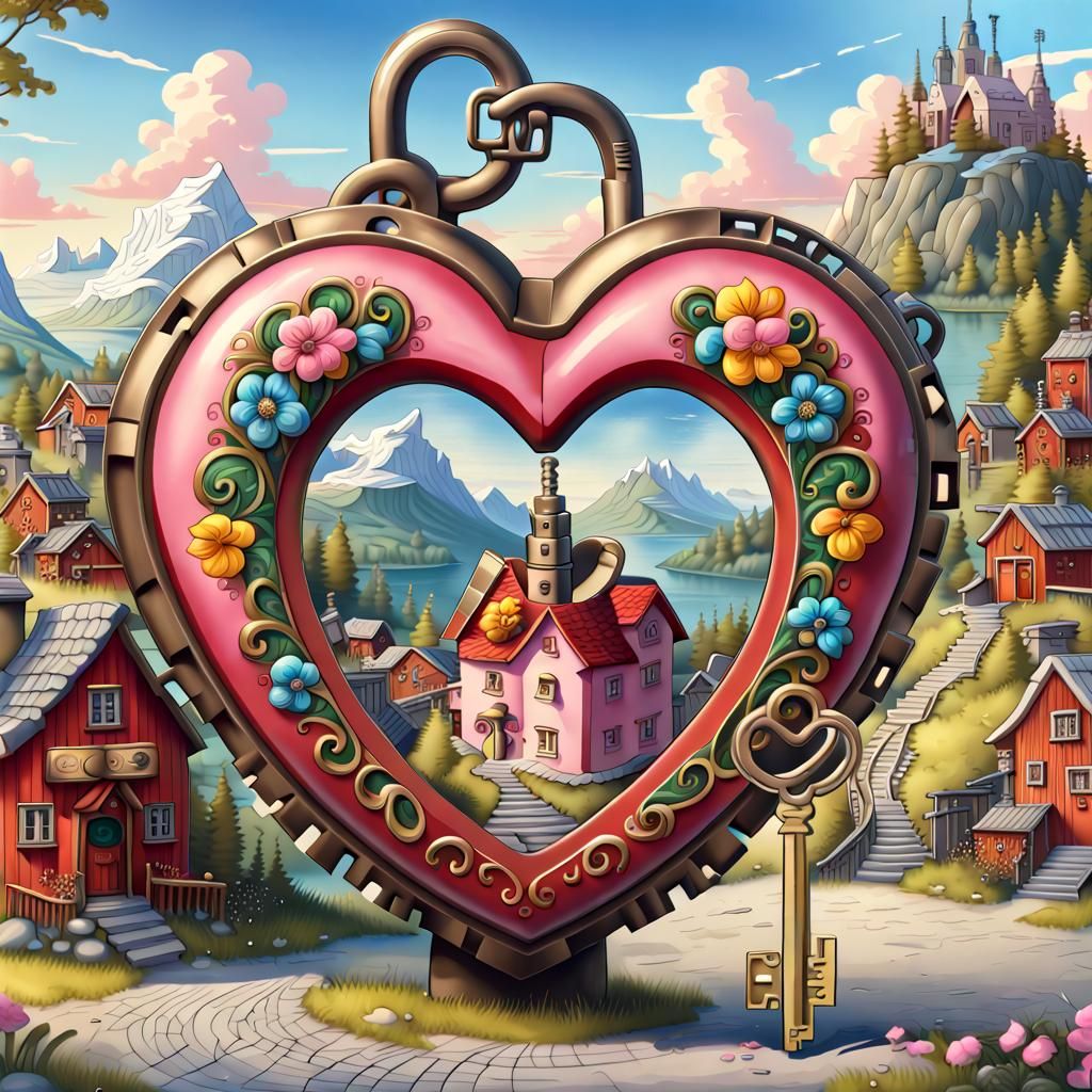 Heart Lock in Cute Swedish Village Cartoon
