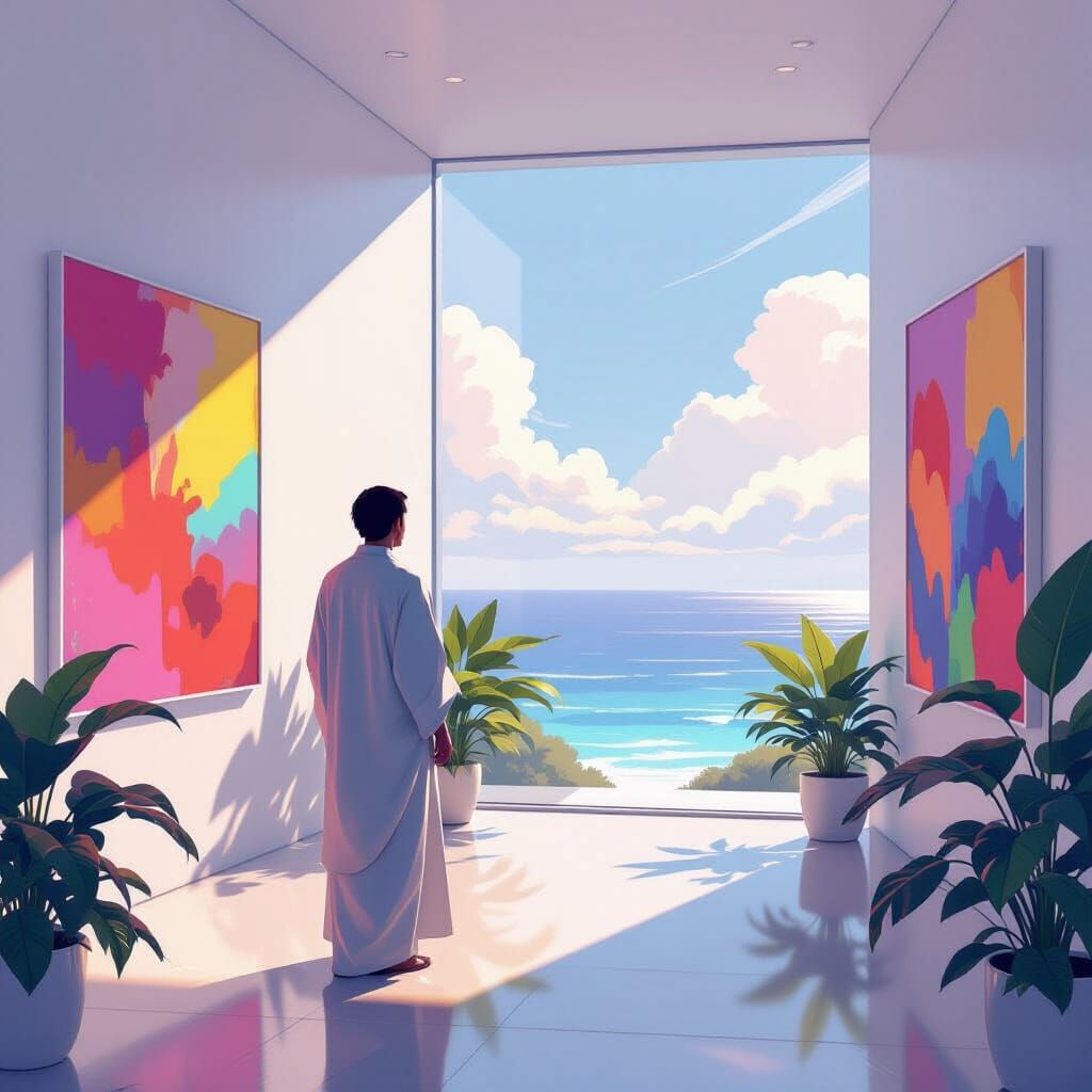 Abstract Expressionist Paintings in Minimalist Art Gallery