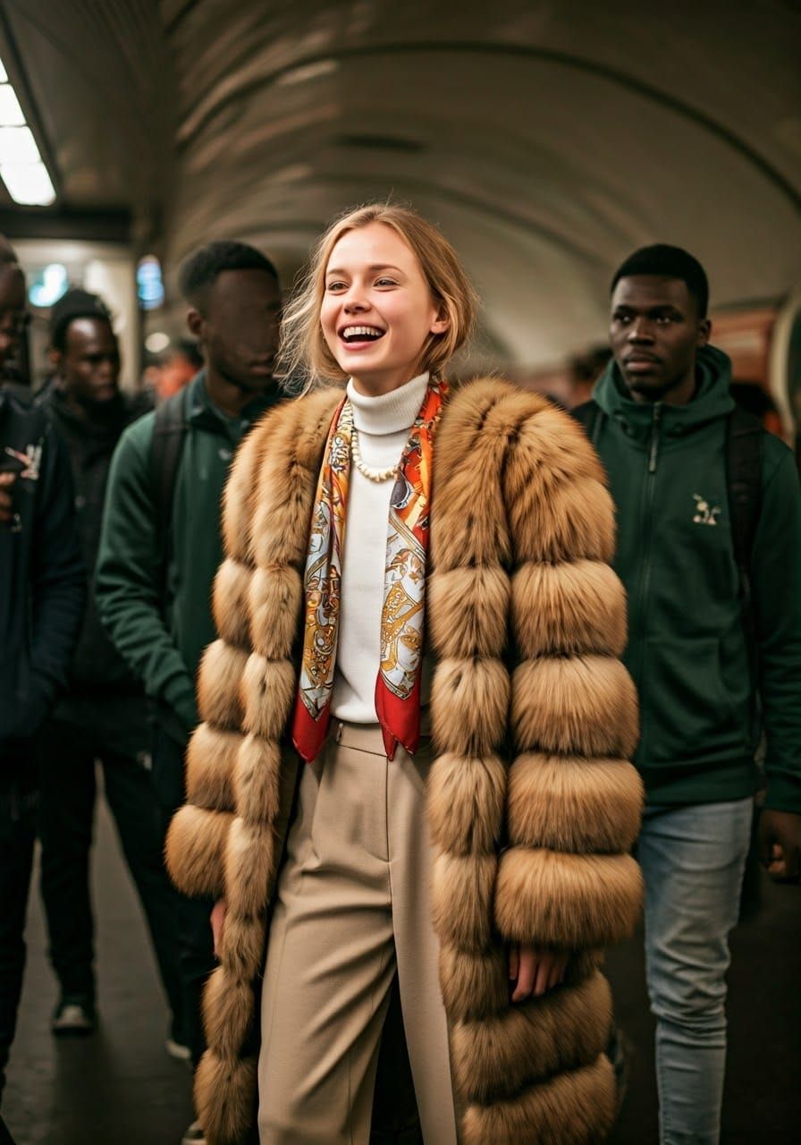Luxurious French Aristocrat in Bustling Metro Scene
