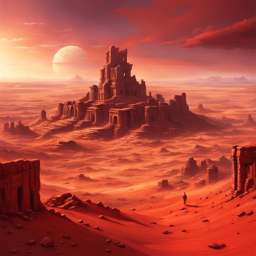 Ancient Ruined City in Red Desert: Hyperrealistic Art