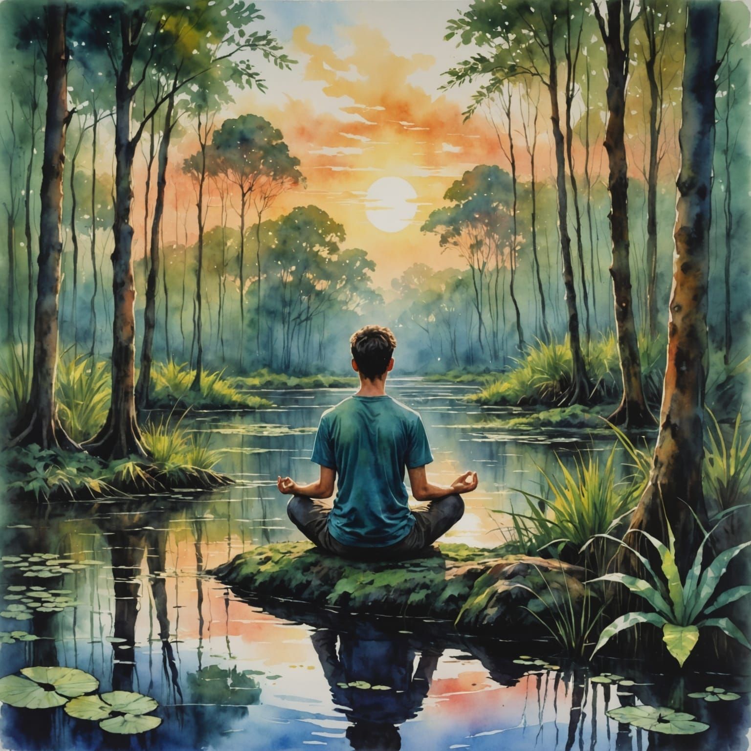 Young Man Meditates in Mauritius Swamp Landscape