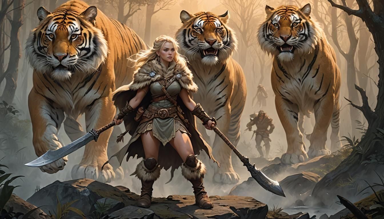 Dwarf Woman and Tiger in Anime Style