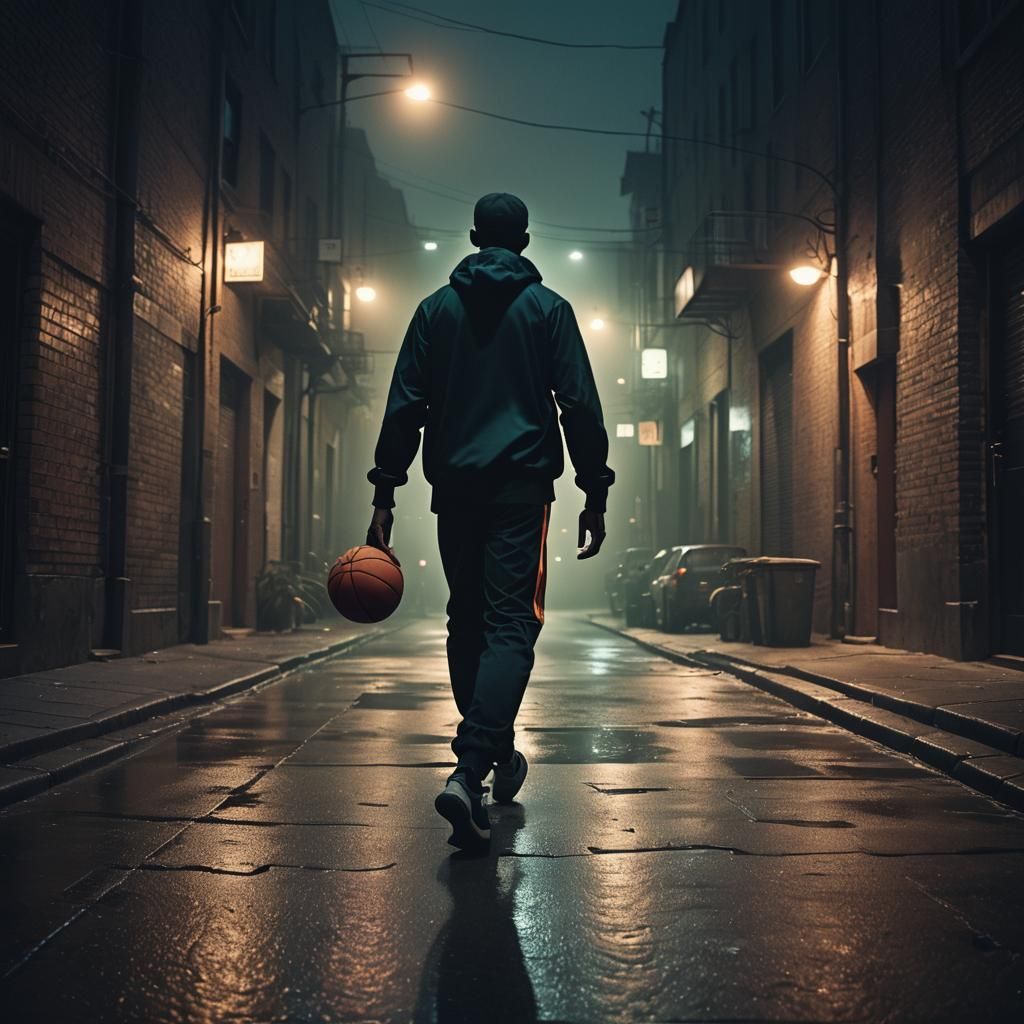 Basketball Player in Moody Film Noir Street Scene