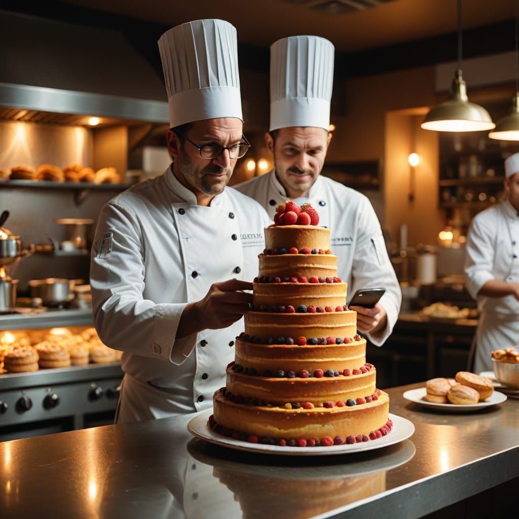 French Chef Surprised in Busy Kitchen, Holding Wedding Cake,...