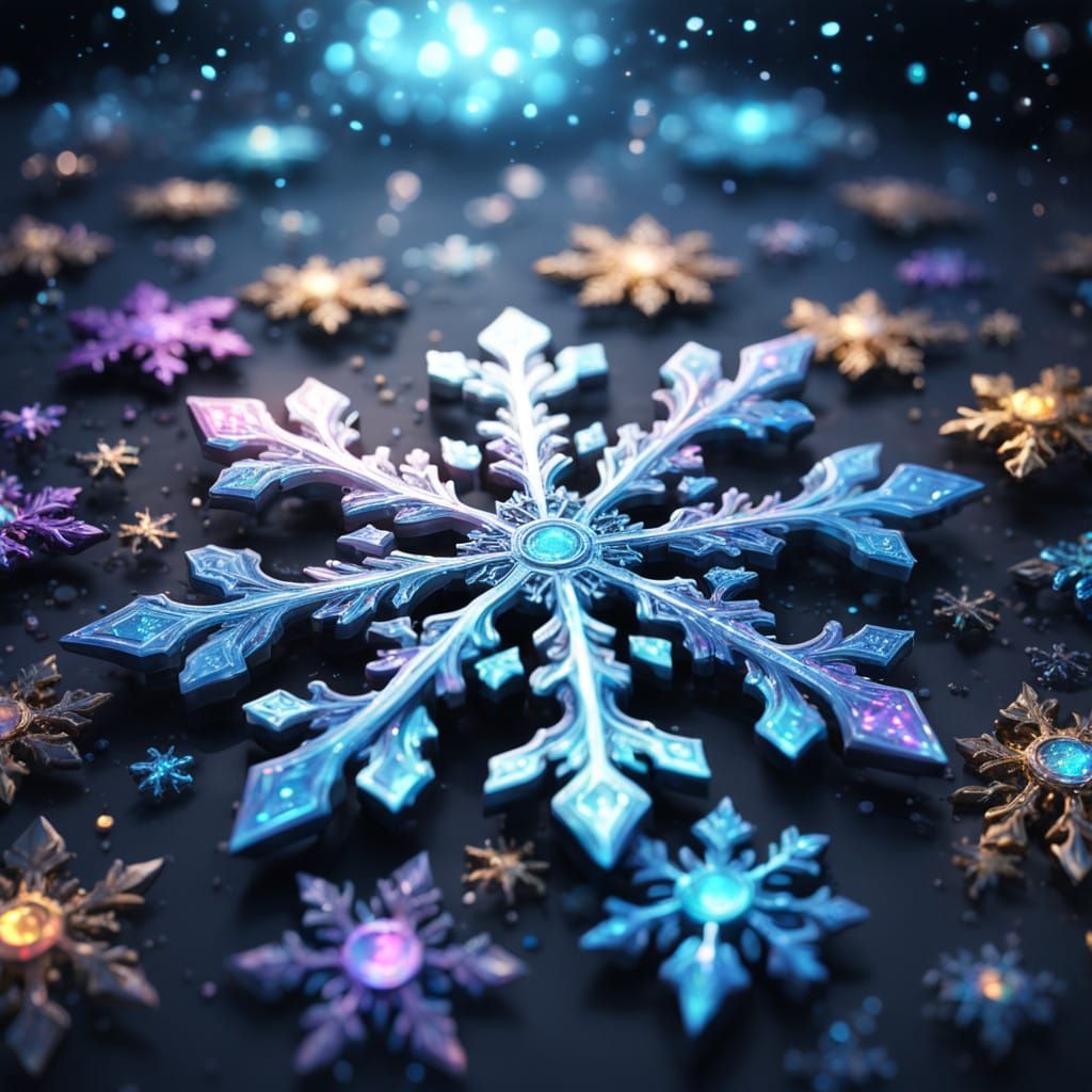 Ethereal Holographic Snowflakes in Vibrant Colors