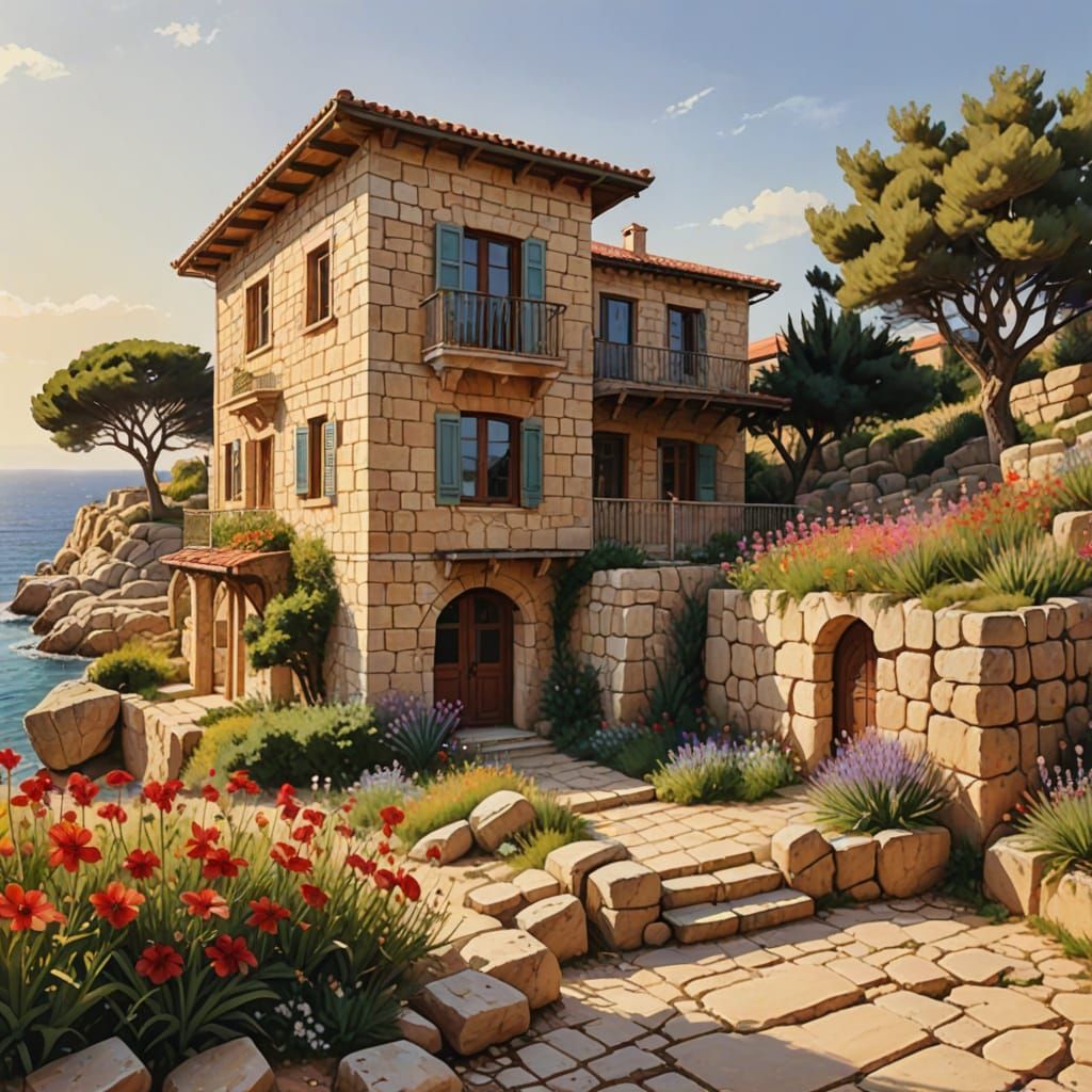 Lebanese Coastal House in Watercolor Concept Art