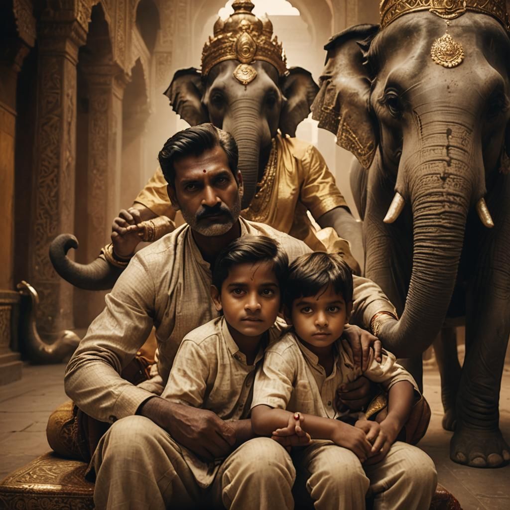 Elephant-Faced Family in Golden Taj Mahal: Cinematic Still
