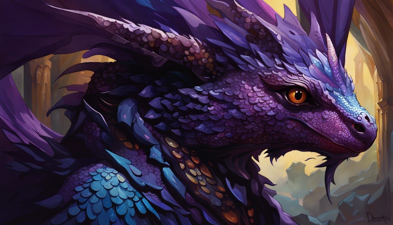 Purple Faerie Dragon with Butterfly Wings in Dark Fantasy Ar...