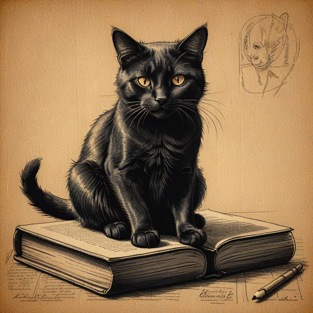 Detailed Pencil Sketch of Black Cat on Book