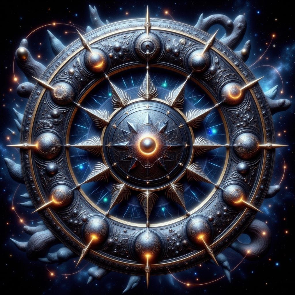 Cosmic Zodiac Wheel in Dark, Mystical, Impasto Style