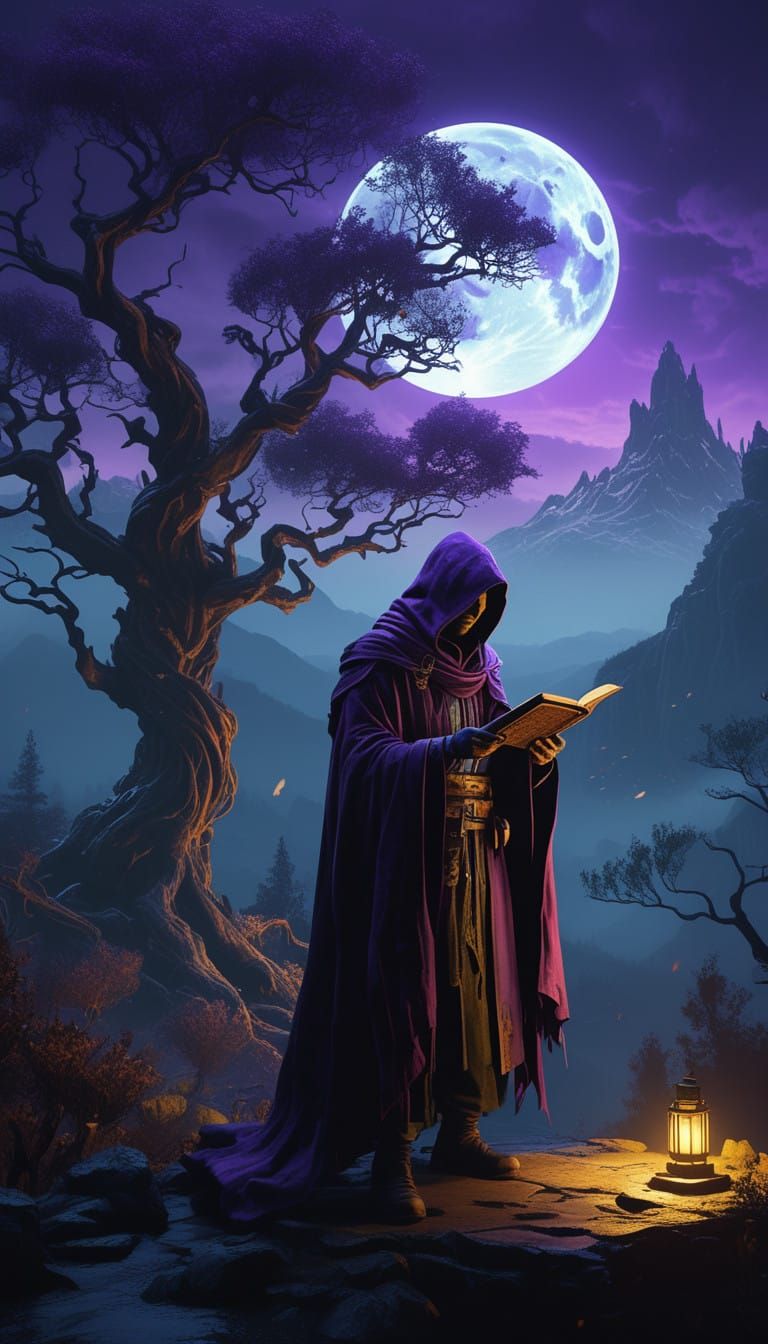 Mystical Being in Shadows Holds Ancient Tome