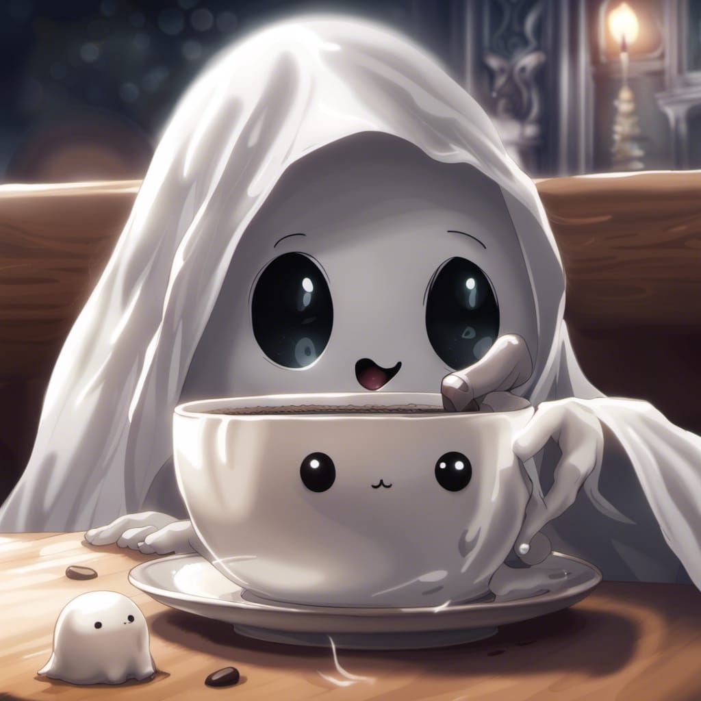 Cute Kawaii Sheet Ghost Drinks Coffee