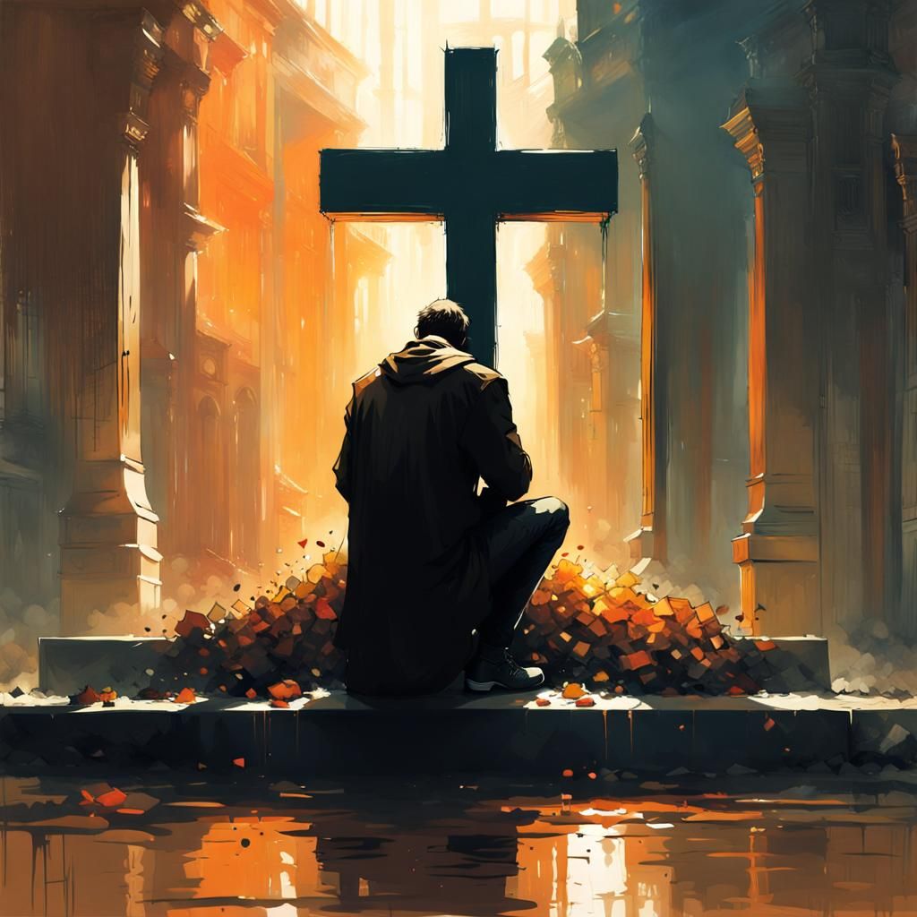 Man Praying in Shadow of Cross