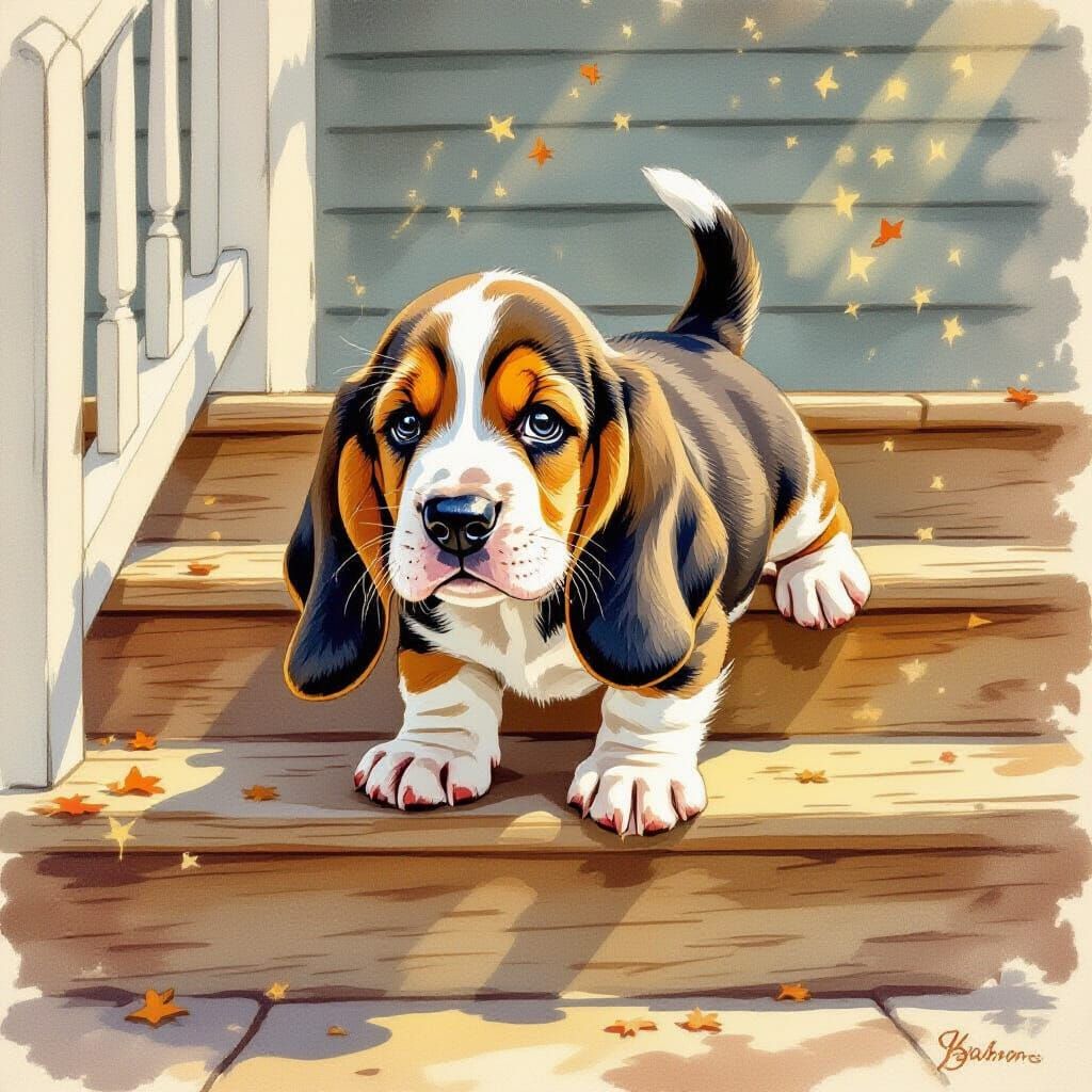 Basset Hound Puppy's Stair Adventure in Storybook Style