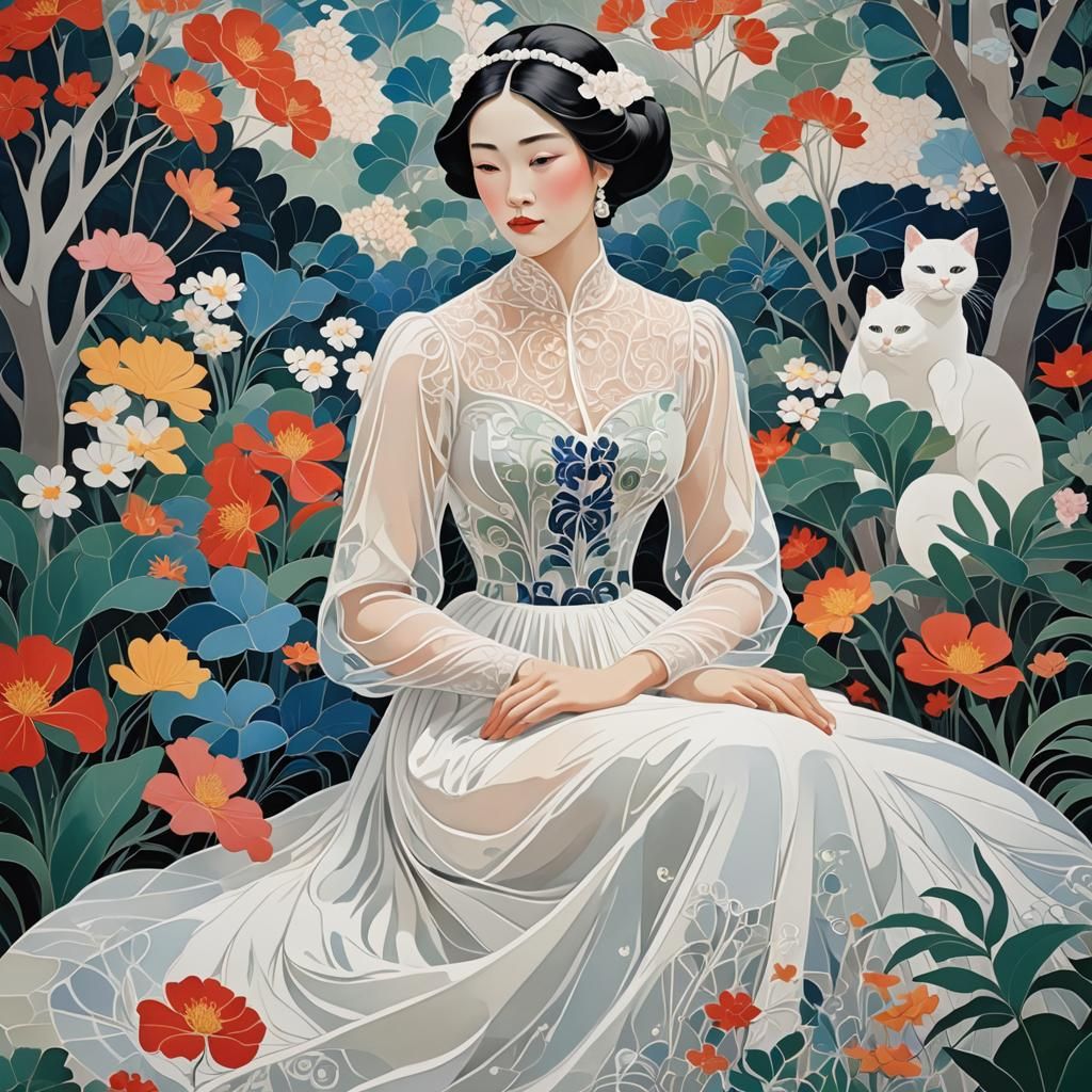 Elegant Lady with Cat in Art Nouveau Style