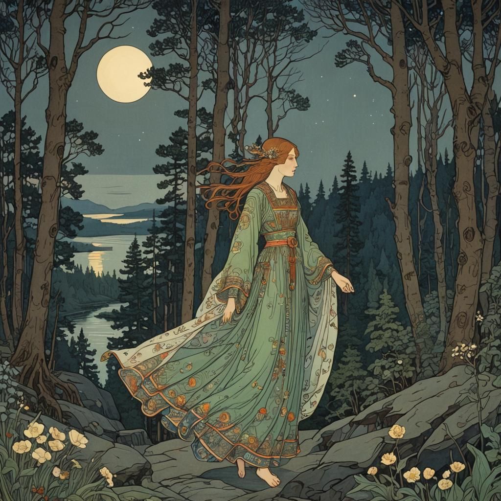 Enchanting Whispers of Nature in Moonlight, Bilibin Style