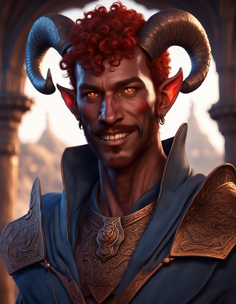 Tiefling Portrait: Red Hair, Blue Eyes, Fantasy Art