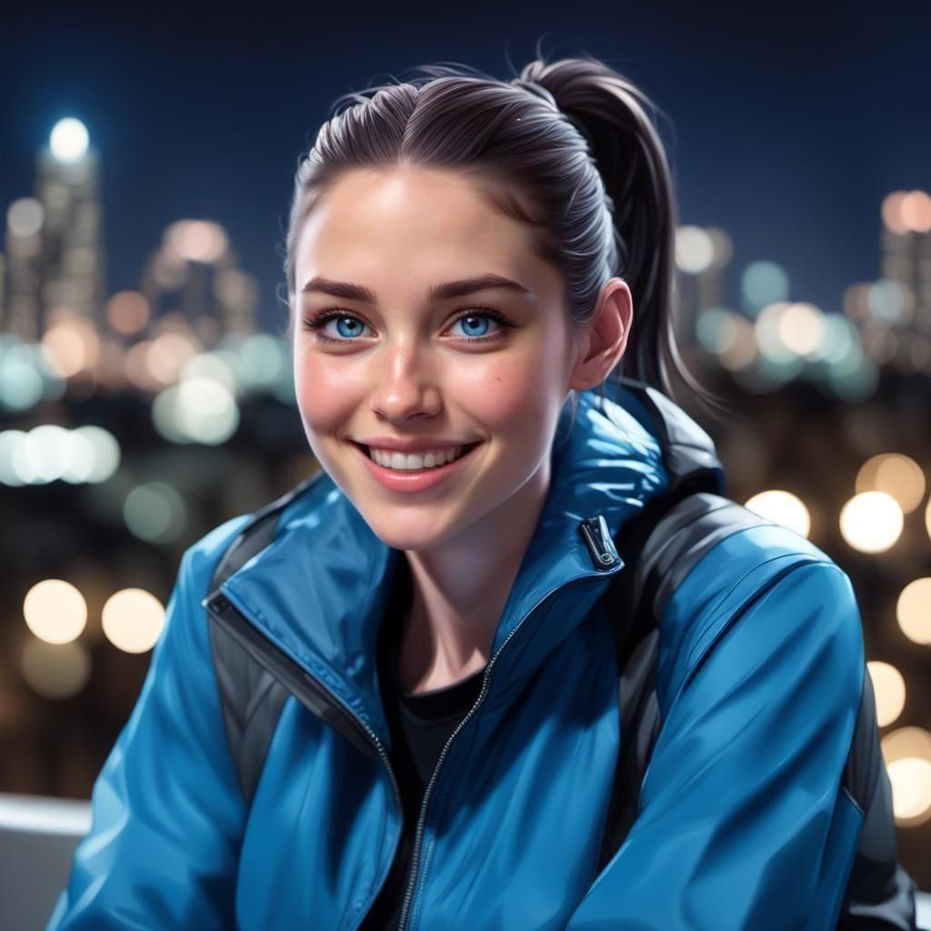Smiling Woman in Cityscape: Hyperdetailed Digital Portrait