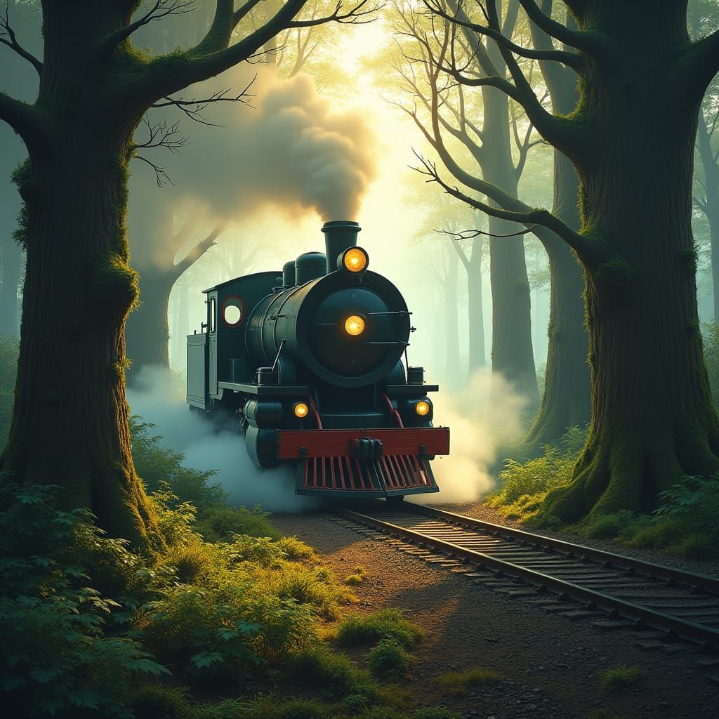 Steam Train Journey Through Mystical Forest