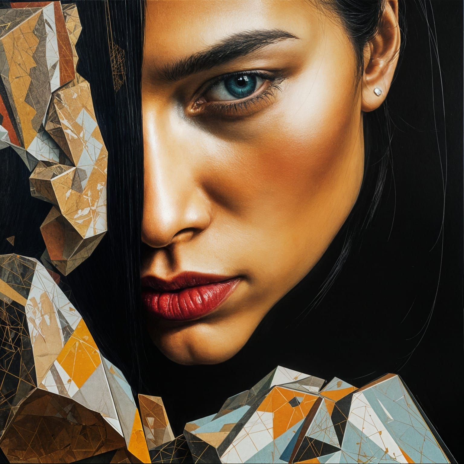 Paper Collage Portrait on Geometric Rock