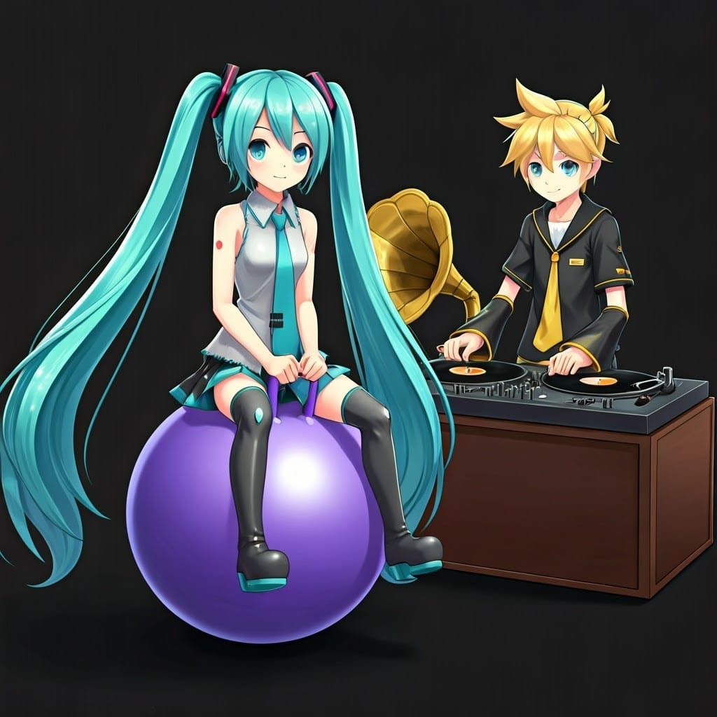 Vibrant J-Pop Idol Duo in Joyful Dance Pose with Vinyl Recor...