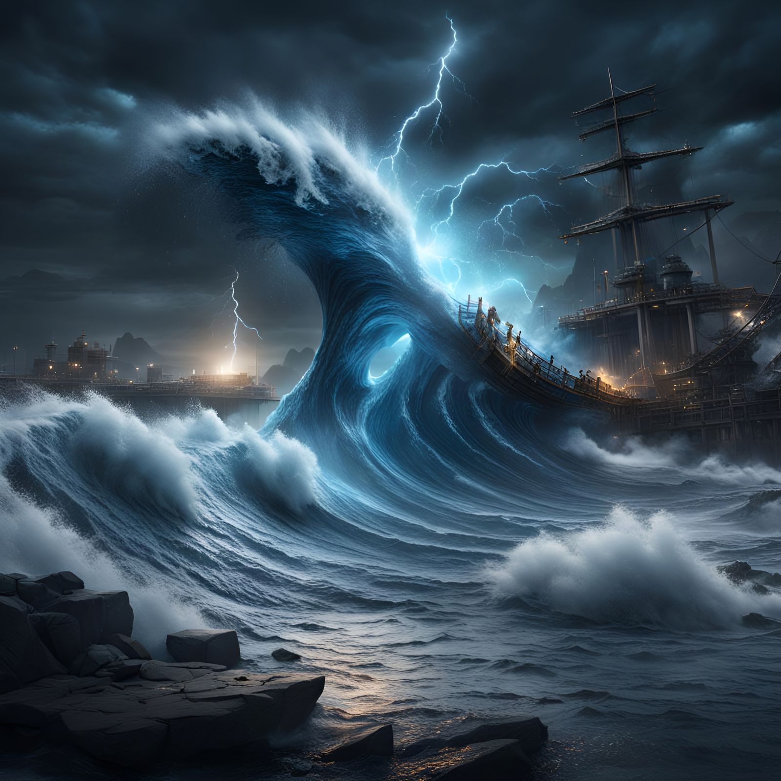 Epic Tsunami Waves Crashing, Fantasy Concept Art