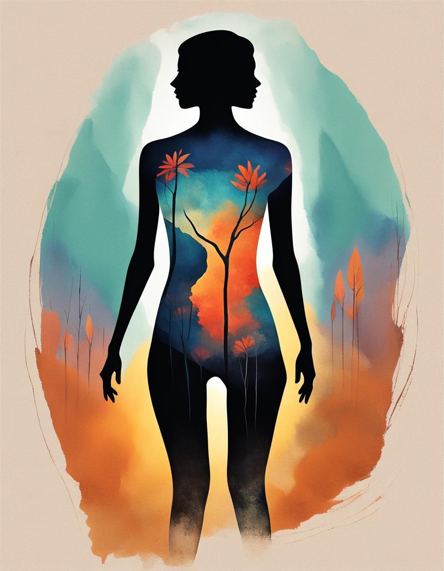 A minimalist, t-shirt design with a vintage twist, featuring a sleek and stylized unclad woman body silhouette against a...