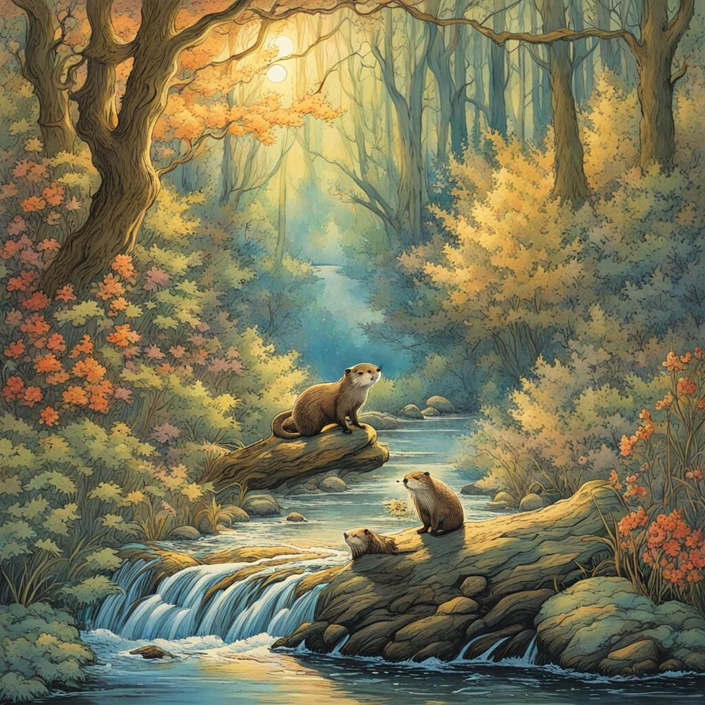 Fairytale Otter in Forest Stream, Anime Style