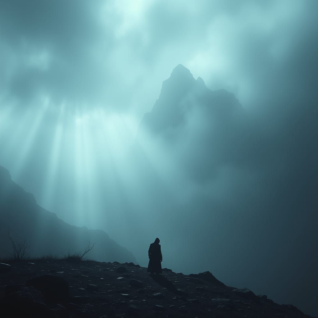 Ominous Figure Looms Over Haunting Landscape in Dark Digital...