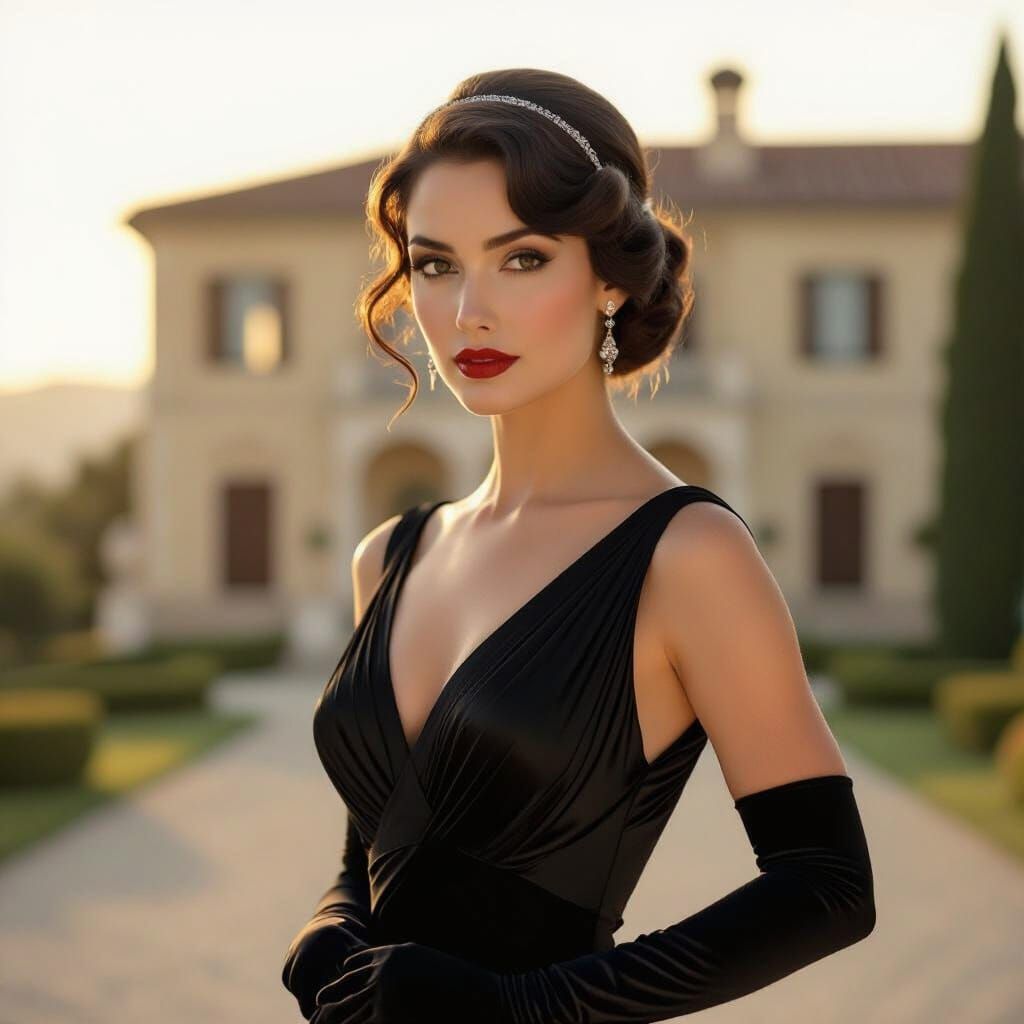 Elegant 1920s Sicilian Woman in Black Silk Dress Outside Vil...