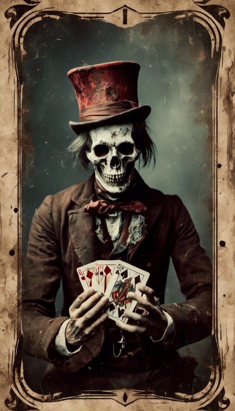 Macabre Illusionist Holding Cards in Dark Style